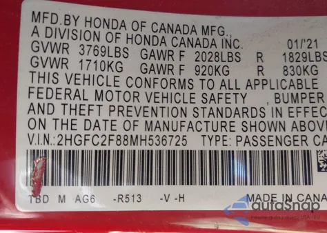 2021 Honda Civic Sport из США, поврежденный, VIN 2HGFC2F88MH536725